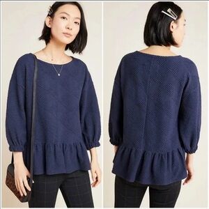 Anthropologie Maeve Women’s Mikayla Navy Blue Textured Peplum Top Size Large